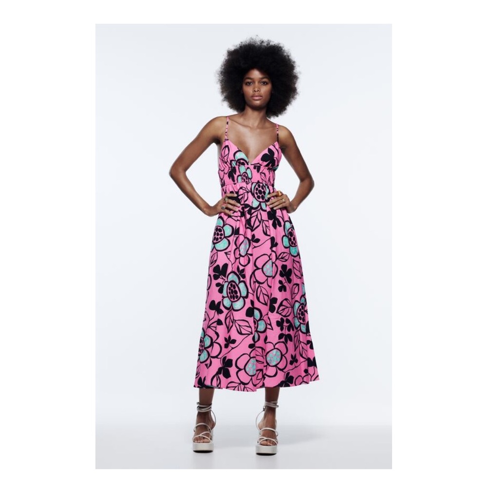 Zara Floral Pink Poplin Maxi Dress in Size XSmall (Worn Twice)